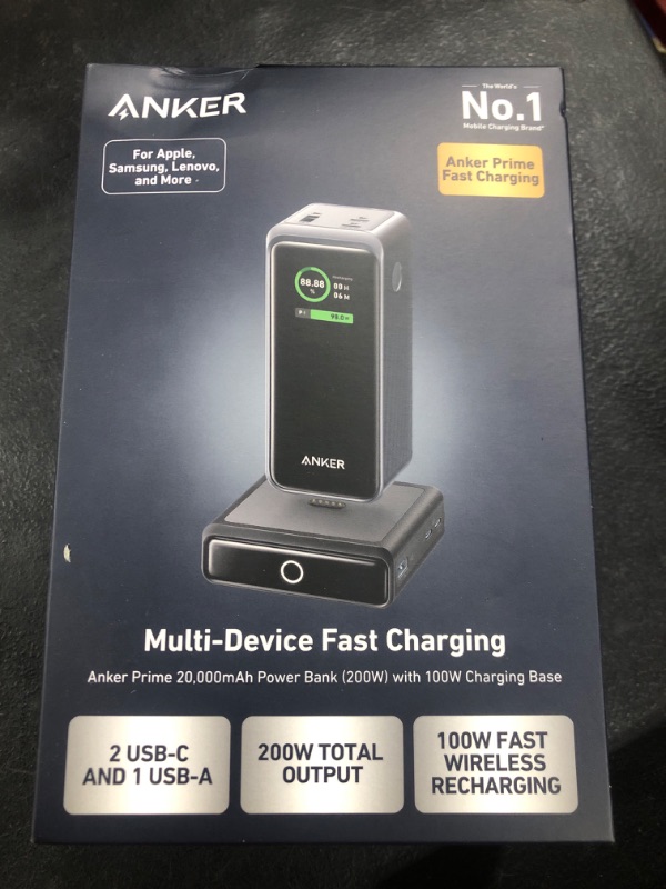 Photo 2 of Anker Prime Power Bank 200W, 20,000mAh Portable Charger 3-Port with 100W Charging Base, Smart Digital Display, Compatible with iPhone 15/15 Plus/15 Pro/15 Pro Max/14 Series, MacBook, Samsung, Dell --NEW, FACTOR SEALED