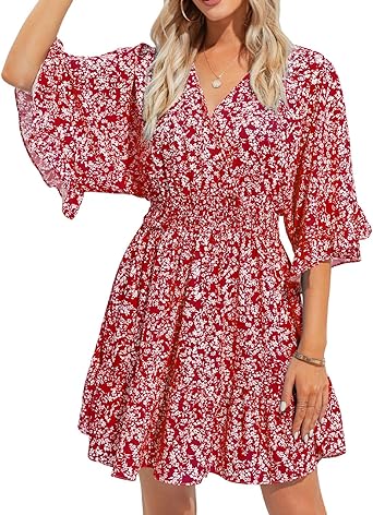 Photo 1 of Aoysky Womens Summer Florla Dress Loose Casual Short Flare Sleeve Beach Mini Dress 