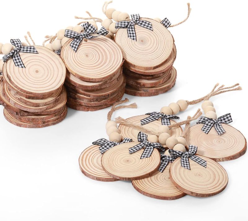 Photo 1 of 36 Pcs Wooden Christmas Ornament 2.8 to 3.2 Inch Craft Wood Kit Natural Wood Slices with Natural Beads Round Wood Beads and Black and White Bow for Arts and Crafts Christmas Ornaments (Classic Style)