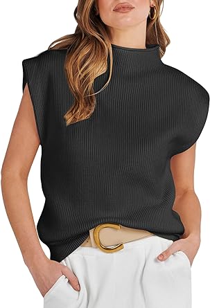 Photo 1 of ANRABESS Women's Mock Neck Sleeveless Sweater Vest Casual Cap Sleeve Knit Pullover Tank Tops 2024 Spring Summer Clothes ---XL