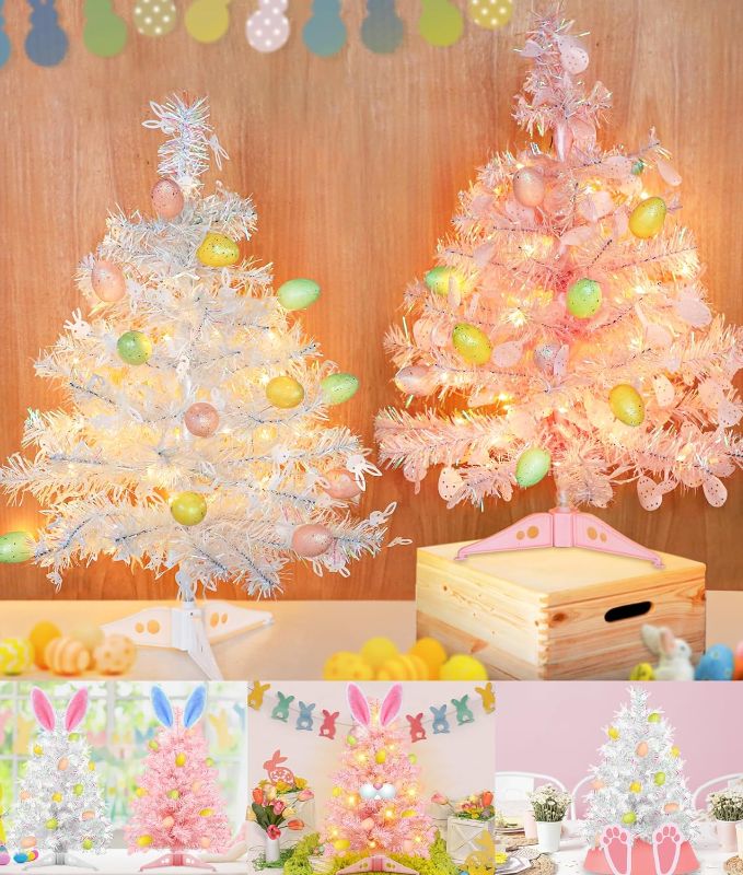 Photo 1 of 2 Pack Lighted Easter Egg Tree Tabletop Decor with 24 Easter Colorful Eggs Ornaments, Easter Bunny Tree, Battery Operated Artificial Tabletop Tree for Indoor Outdoor Spring Decorations Home Party 