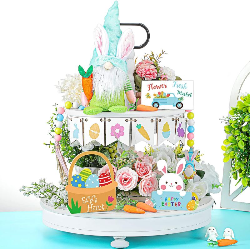 Photo 1 of 15 Pcs Easter Tiered Tray Decor Easter Bunny Easter Egg Easter Gnomes Plush Doll Table Centerpiece Wooden Signs Farmhouse Happy Spring Decoration for Indoor Home Kitchen Decor
