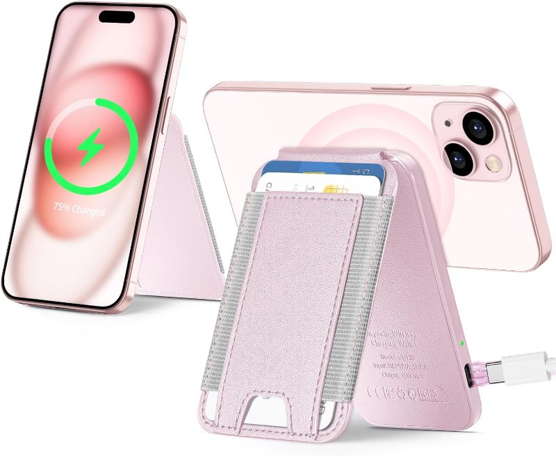 Photo 1 of wireless future charger for Magsafe Wallet Stand - Not Power Bank, Magnetic Card Holder for iPhone 15/14/13/12 Series, Vegan Leather, 2 Slots, Fit 6 Cards, RFID Blocking, Pink

