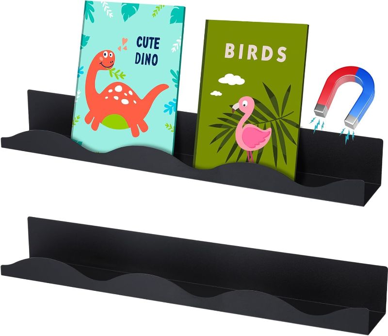 Photo 1 of 2 Pcs Magnetic Book Shelf for Whiteboard Metal Wave Design Floating Nursery Book Shelves for Kids Room Magnetic Book Display Shelf for Kids Room Teacher Whiteboard (Black,17 x 2.4 x 2.0 Inch)
