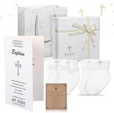 Photo 1 of Cuffbow Baby Shower White Christening Socks for Baby Girls Boys with Cross Embroidery, Greetings Baptism Card Poem Card with Packaging Box Gift Bags for Newborn First Communion Baptism 