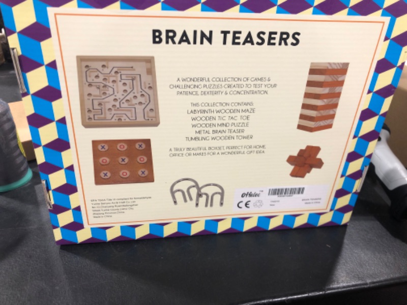 Photo 2 of 5 in 1 Board Game with Wooden Brain Teaser Puzzles, Metal Brain Teaser Puzzles, Labyrinth, Wooden Stacking Tower, and Tic Tac Toe Toy Games, Board Games for Kid and Adults, Party Family Game