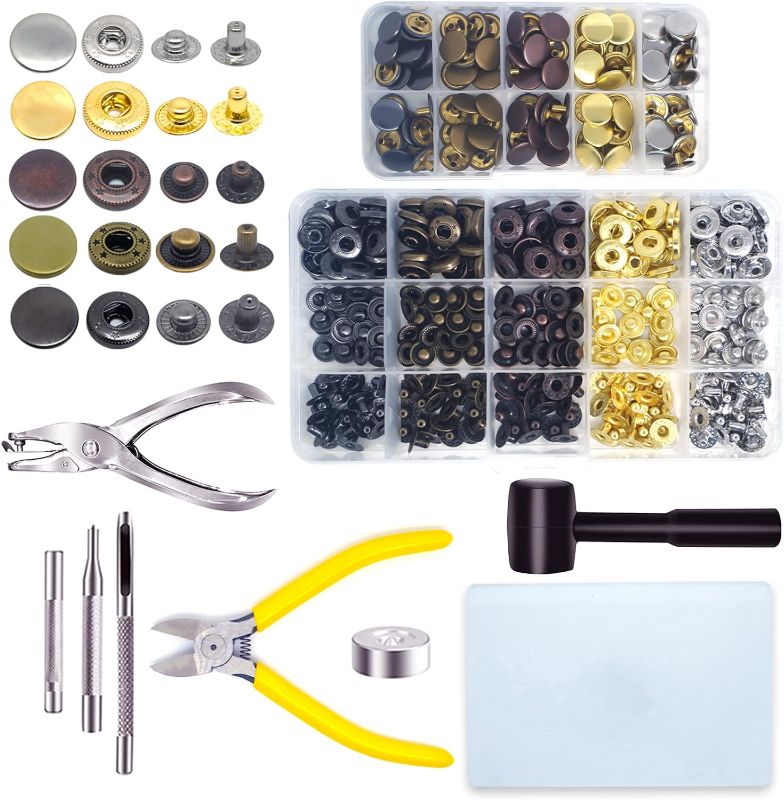 Photo 1 of LIDA ORO Leather Snap Fastener Kit,100 Sets Metal Snaps Buttons with Fashion Tools for Clothes,Jackets,Jeans Wears,Bracelets,Bags(5 Colors,12.5mm) 