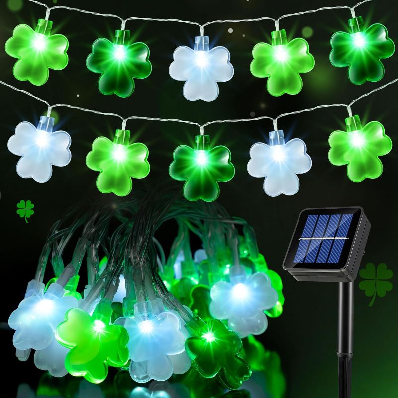 Photo 1 of Enhon St Patricks Day Decorations Lights, 50 LED 16.4 Ft Solar Shamrock Lights with 8 Modes, Timer, Waterproof Green Lights for Outdoor St Patrick's Day Decorations 