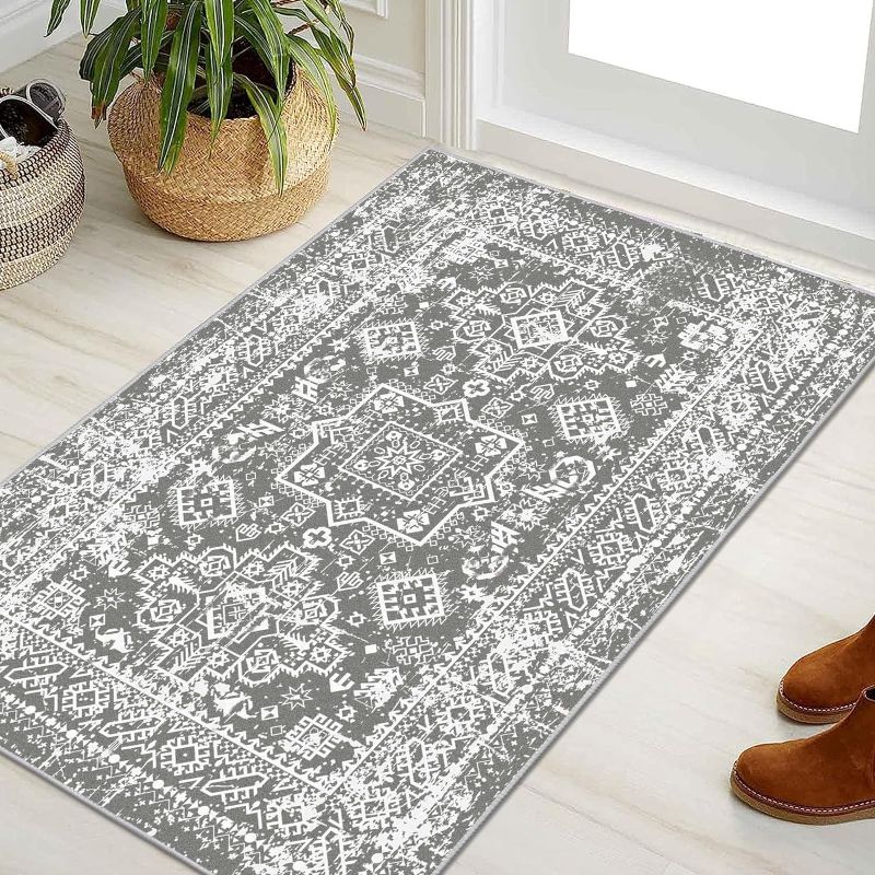 Photo 1 of Pauwer Vintage Area Rug 3x5, Non-Slip Non-Shedding Throw Small Entryway Rug Kitchen Mat, 3x5 Area Rug Washable Non Slip Low Pile Distressed Carpet for Bedroom Living Room Entranc. Grey
