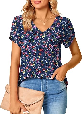 Photo 1 of Escaco Women's Petal Sleeve T-Shirts V Neck Short Sleeve Tops Cute Summer Casual Shirts Lightweight Loose Fit Blouses Medium