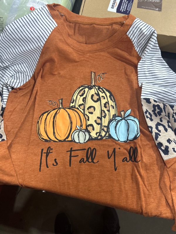 Photo 1 of Halloween Pumpkin Shirt for Women Plaid Leopard Graphic Tees Funny Cute Long Sleeve Fall Blouse Thanksgiving Gift Tops Large