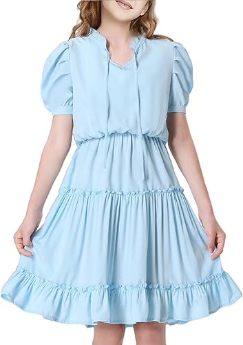 Photo 1 of Girls  Short Sleeve Tie Front V Neck Elastic Waist Boho A-Line Dress Tiered Dresses for Casual School Preppy 7Y