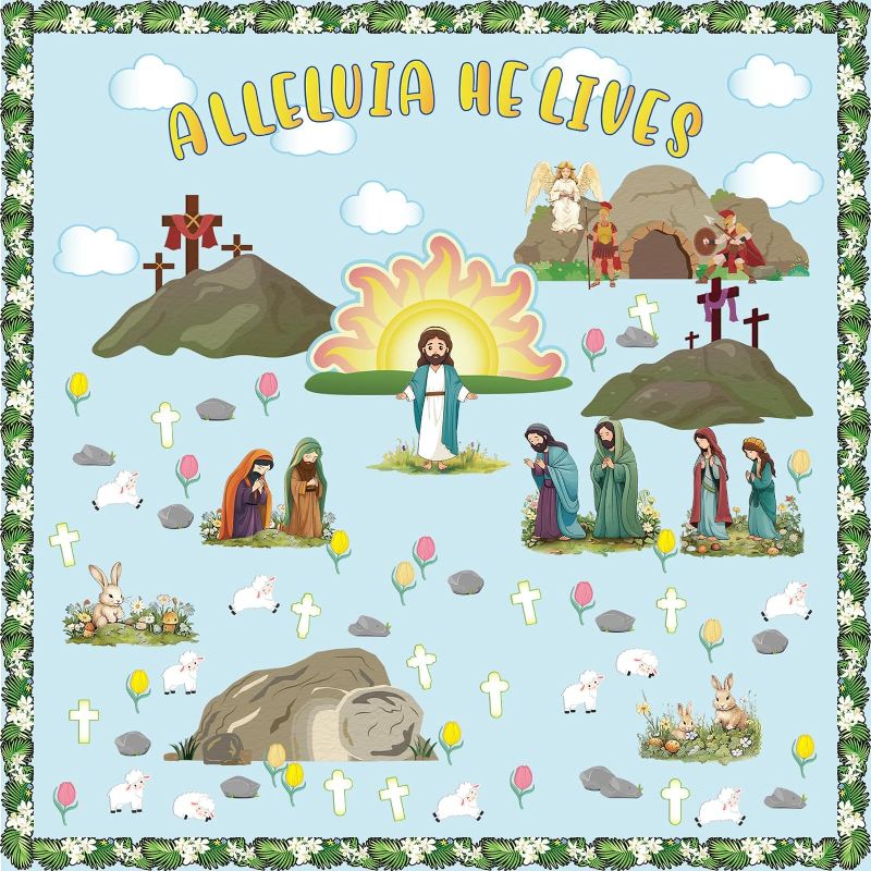 Photo 1 of 210 Pcs Easter Religious Bulletin Board Sets Alleluia He Lives Bulletin Board Classroom Decor Churches and Sunday School Bulletin Board Jesus Resurrection Cutouts for Easter Classroom Wall
