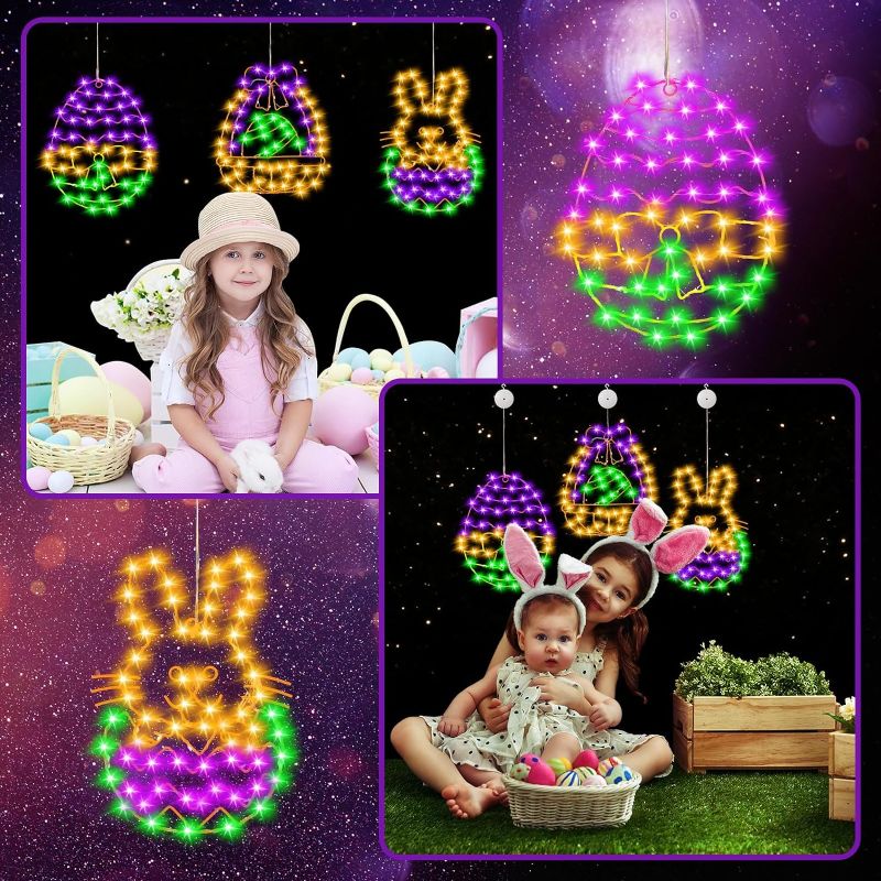 Photo 1 of 3 Pcs 12" Easter Egg Bunny Window Lights, Easter Silhouette Light Decorations Eggs Basket Battery Operated Hanging Light for Outdoor Indoor Spring Easter Party Decor
