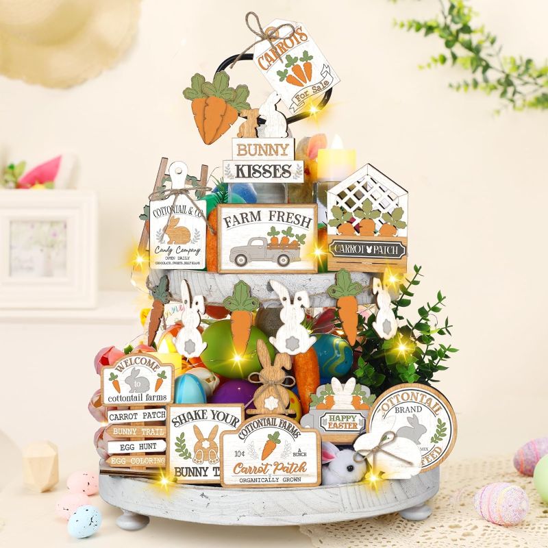 Photo 1 of 24 Pcs Easter Tiered Tray Decor Farmhouse Wood Spring Table Decor with LED String Light Pre-lift LED Bunny Rabbit Carrot Mini Sign Block Easter Decoration for Home Table Kitchen Shelf Holiday
