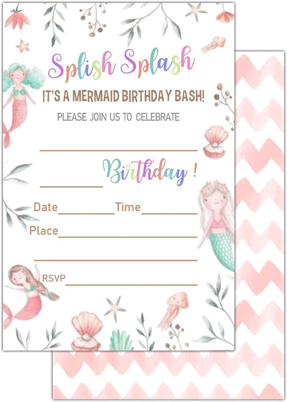 Photo 1 of 3 PACK Birthday Party Invitation Cards for Teens, Mermaid Party, Party Invitation for Girls Boys, Party Celebration for Kids, Personalized 20 Cards With 20 Envelopes – A007

