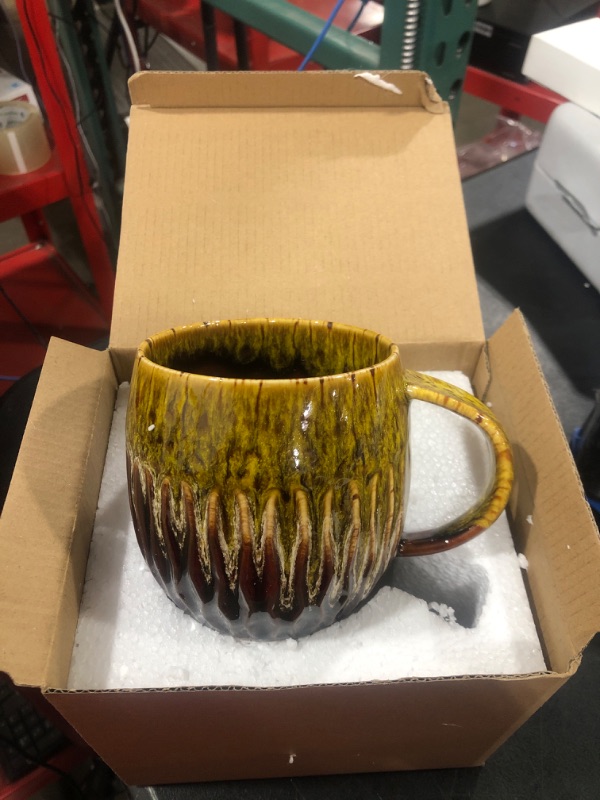 Photo 2 of 20 oz Big Coffee Mugs, Handmade Pottery Coffee Mug with Unique and Artistic Design, Extra Large Ceramic Tea Cup with Handle, Pretty Color Patterns and Microwave Dishwasher Safe (Yellow)