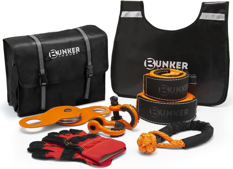 Photo 1 of BUNKER INDUST Heavy Duty Recovery Strap Kit, 20'+8' Tow Strap + Winch Line Dampener +Snatch Block +D-Ring Shackles + Gloves +Soft Shackle +Bag,Off Road 4x4 Gear Winch Accessories Recovery Kit -8Pcs