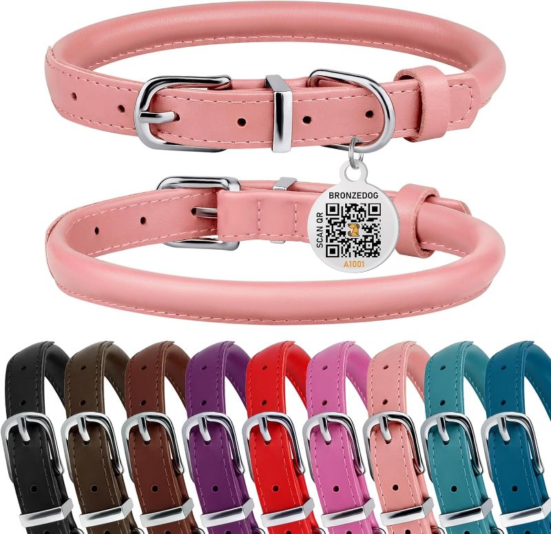 Photo 1 of BRONZEDOG Rolled Leather Dog Collar for Small Medium Large Dogs with QR ID Tag (S: 12-14 Inch, Powder Pink)
