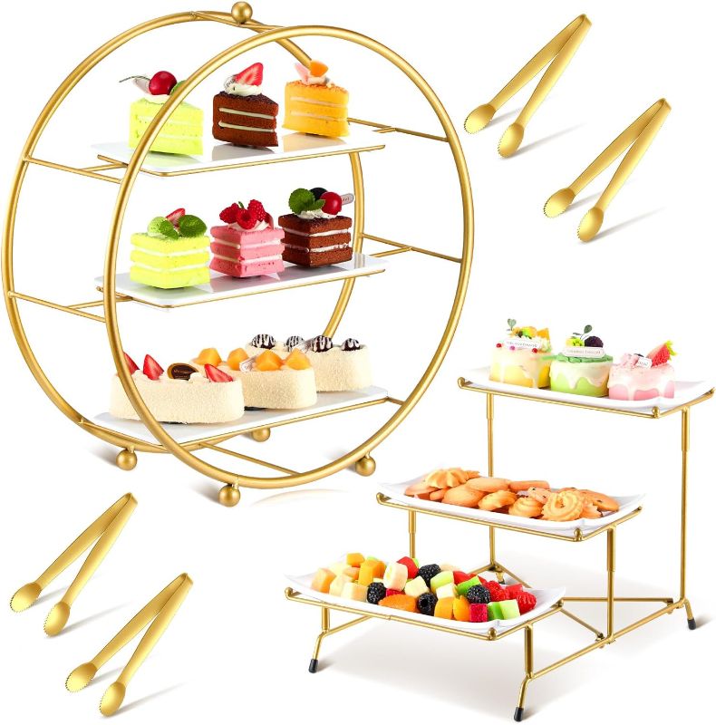 Photo 1 of Suclain 3 Tier Serving Stand and Platters Set 2 Pcs Gold Metal Tiered Cupcake Stand 6 Pcs Melamine White Rectangular Plate 4 Pcs Gold Food Clip Collapsible Dessert Stand Cupcake Holder for Party
