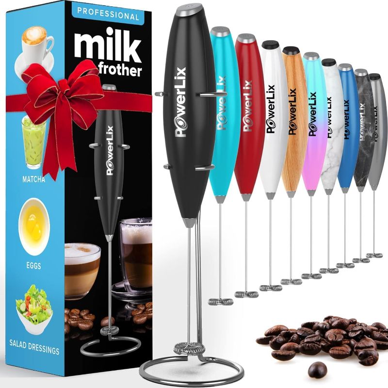 Photo 1 of PowerLix Powerful Handheld Milk Frother With Stand Battery Operated Foam Maker Frother Wand For Coffee, Latte, Cappuccino, Hot Chocolate, Mini Drink Mixer Stainless Steel Whisk
