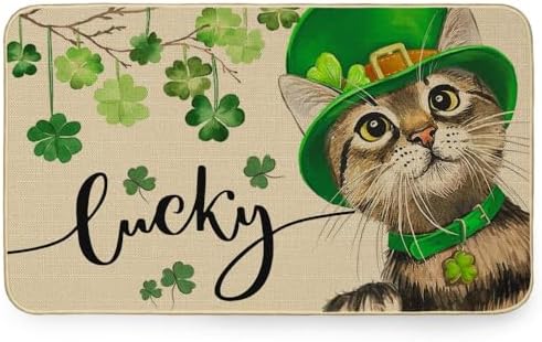 Photo 1 of CROWNED BEAUTY St Patricks Day Cat Door Mat 17x29 Inch Lucky Shamrock Clover Doormat for Indoor Outdoor, Irish Holiday Floor Entry Rug for Outside Porch Front Entrance