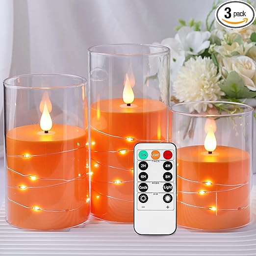 Photo 1 of Kiexung Orange Flameless Candle, Embedded String, LED Candle with Remote Control, Unbreakable Plexiglass Pillar Candle, Battery Candle, Home Décor-3PK (Orange) 