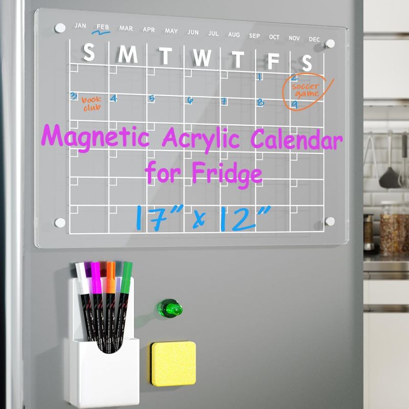 Photo 1 of Acrylic Magnetic Dry Erase Board for Fridge, 17''x12'' Clear Note Board with Calender