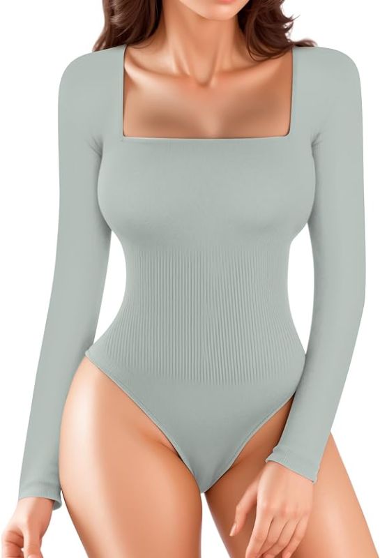 Photo 1 of CLOZOZ Long Sleeve Bodysuit Shapewear Tummy Control V Neck Bodysuits for Women Ribbed Seamless MEDIUM