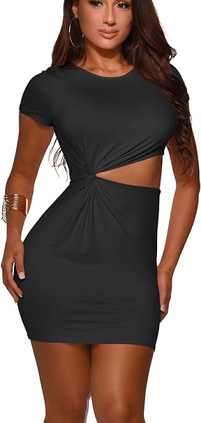 Photo 1 of 2023 New Women Short Sleeve Mini Bodycon Dress Crew Neck Waist Twist Hollow Out Solid Color Evening Night Out Dresss - SIZE XL 
