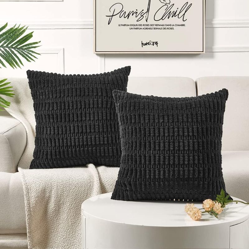 Photo 1 of Andaot 2 Packs Plush Boho Decorative Throw Pillow Covers,Soft Striped Corduroy Pillow Cases for Couch Bedroom Living Room,Modern Farmhouse Rustic Square Cushion Case(18x18 In/45x45 cm,Black)
