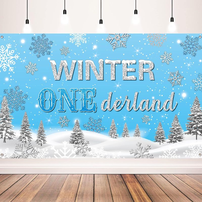 Photo 1 of Winter Onederland Party Decorations Winter Onederland 1st Birthday Banner for Winter One Birthday Party Decorations, 72x44 inch (Blue) 