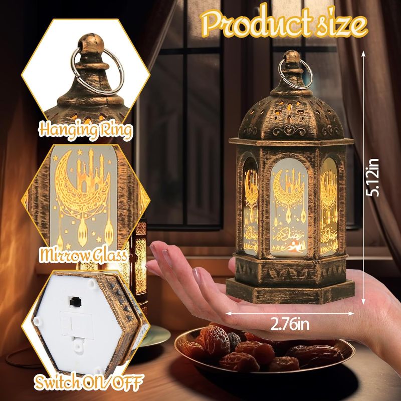 Photo 2 of ALIBBON 6 Pcs Ramadan Lantern 5.2" Vintage Candle Lantern Decorative Hanging Lantern Eid Mubarak Lantern Moroccan Style Bronze Metal Lantern with Batteries Ramadan Decorations for Home Indoor Outdoor 