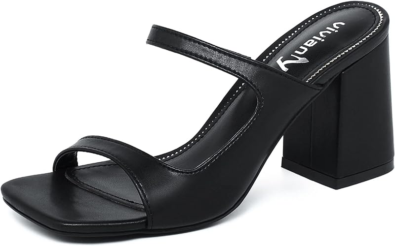 Photo 1 of [Size 9] vivianly Women's Chunky Heel Sandals Square Toe Double Band Block High Heel Mules Slide Sandal - Black