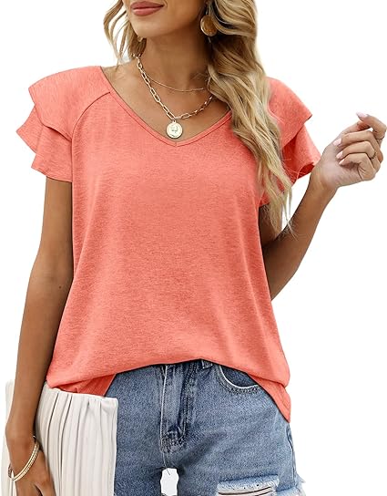 Photo 1 of [Size 2XL] Beluring Womens Summer Tops Ruffle Short Sleeve V Neck Casual Loose Tunic T Shirts