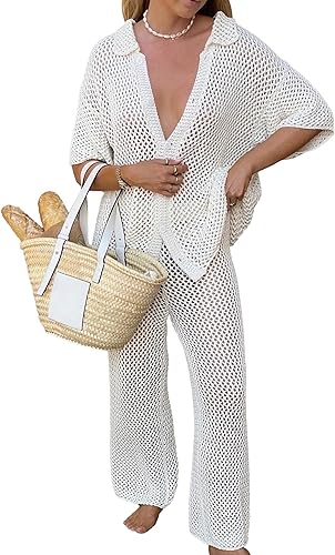 Photo 1 of [Size XL] Famulily Women Sexy See Through Two Piece Outfits Mesh Hollow Out Sets Summer Outdoor Sun Protection Cover Up Wear White XL 