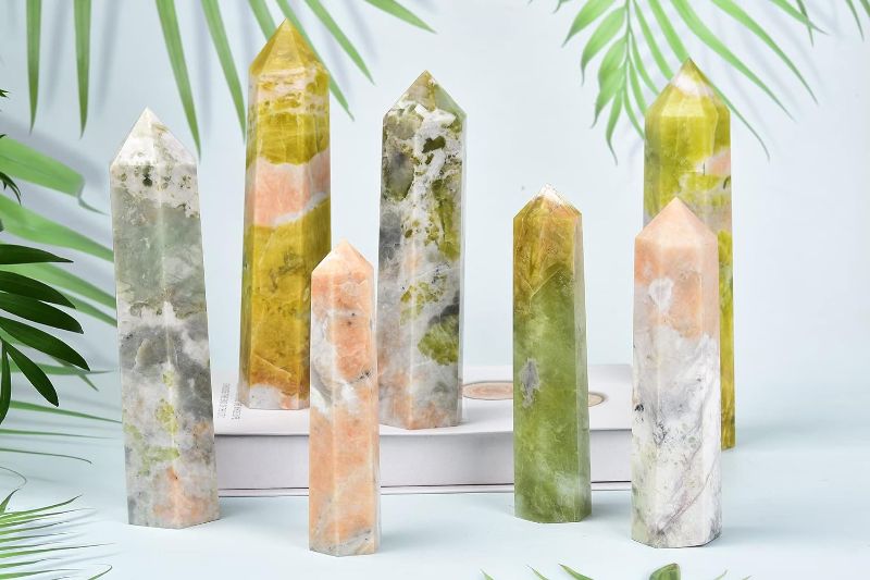 Photo 1 of 1 piece- AMOYSTONE Natural Calcite Tower Irregular Crystal Wand Large Hexagonal Column Colorful Stone Pillar Healing Crystal Tower 6 Points Calcite Wand for Reiki, Yoga 1.8-2.2 Lbs - Gray & Green Gray Green 1.8-2.2 Lbs