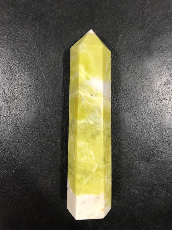 Photo 2 of 1 piece- AMOYSTONE Natural Calcite Tower Irregular Crystal Wand Large Hexagonal Column Colorful Stone Pillar Healing Crystal Tower 6 Points Calcite Wand for Reiki, Yoga 1.8-2.2 Lbs - Gray & Green Gray Green 1.8-2.2 Lbs