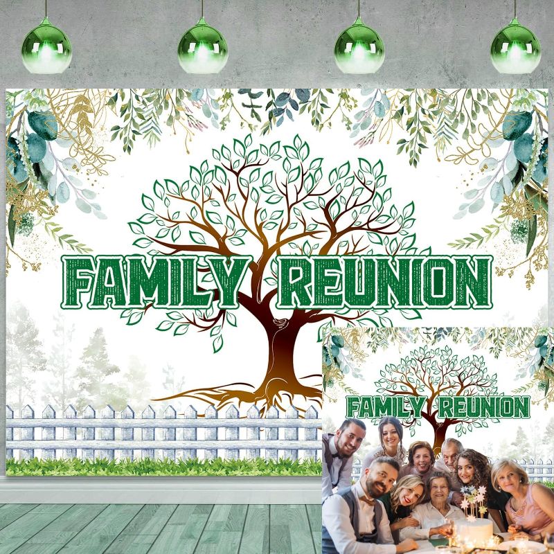 Photo 1 of Family Reunion Backdrop Welcome to Our Family Members Family Tree Photography Background Green Gold Eucalyptus Leaves House Party Birthday Party Decoration Photo Banner Booth Props 7x5FT 
