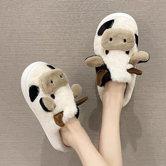 Photo 1 of [Size 9] Womens Slippers Animal Cow Furry Foot Pals Kawaii Warm Cozy Non-Skid Plush Floor Slippers Socks
