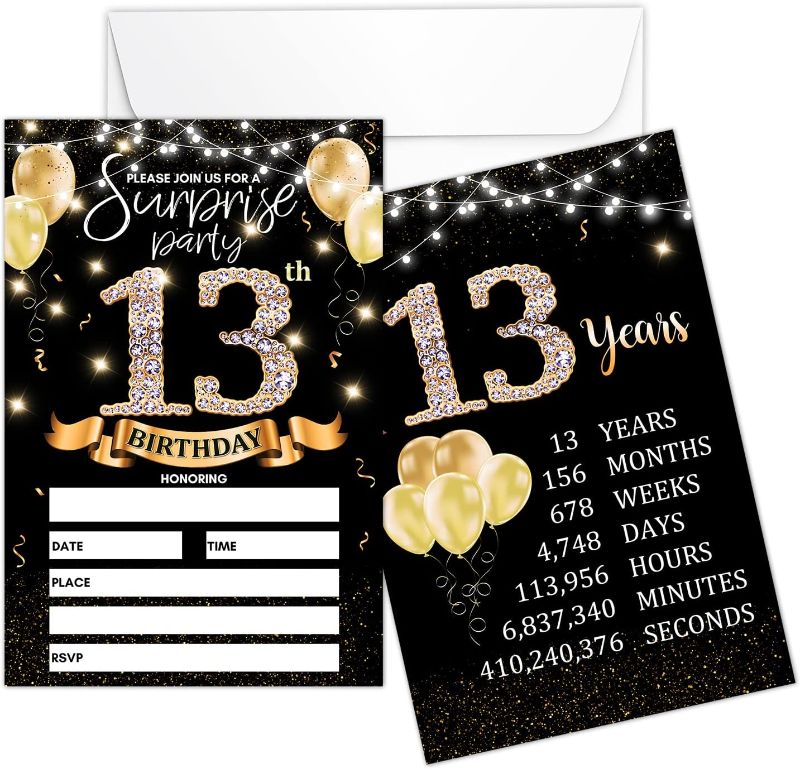 Photo 1 of 13th Birthday Party Invitation Card - Black Gold Invites with Birthday Sign Printing On The Back Double-Sided Fill-in Invites - 20 Cards with Envelopes for Party Favors