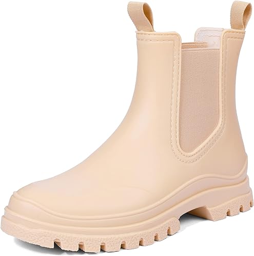 Photo 1 of VOROLO Women's Short Rain Boots Rubber Waterproof Garden Boots Elastic Slip On Ankle Chelsea Boot Fashion Insulated Rain Shoe with Low Heel Beige - SIZE 11
