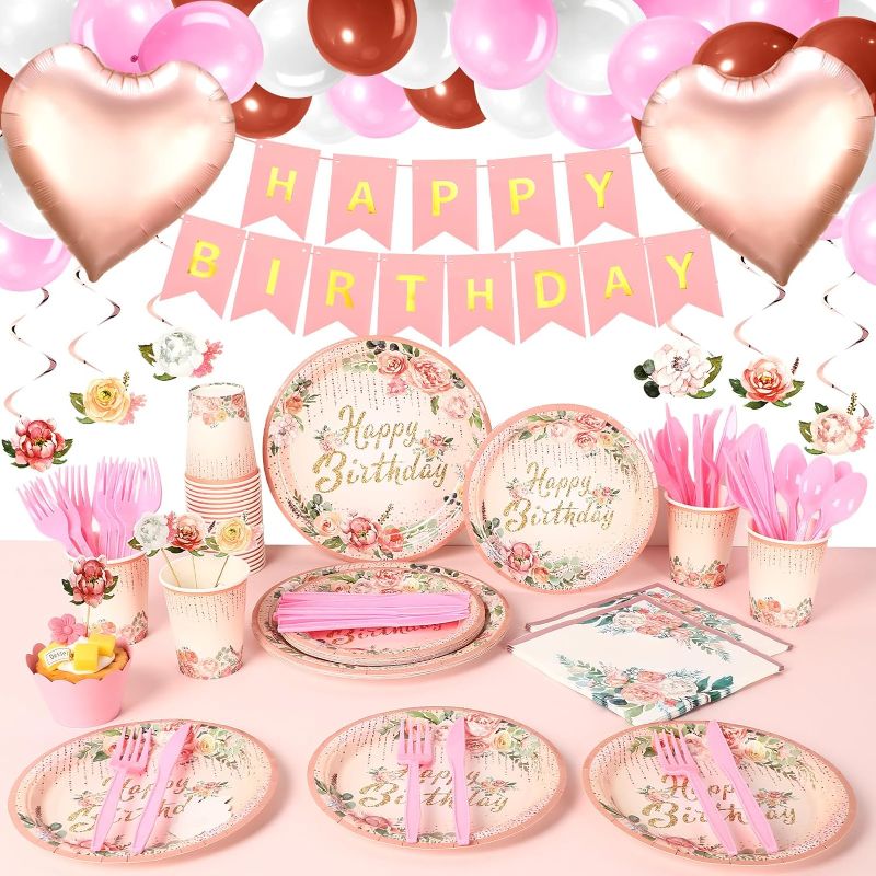 Photo 1 of Rtteri 224 Pcs Rose Gold Birthday Decorations for Girls Party Plates Cups Happy Birthday Banners Knives Forks Spoons Napkins Balloons Cake Toppers Cupcake Wrappers(Elegant)
