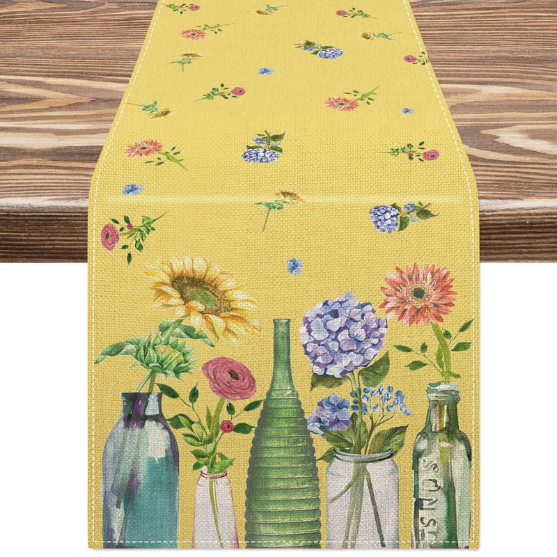 Photo 1 of AnyDesign Summer Table Runner Floral Seasonal Kitchen Dining Table Decoration Yellow Sunflower Hydrangea Vase Farmhouse Table Cover for Indoor Outdoor Home Party Restaurant Decor, 13 x 72 Inch