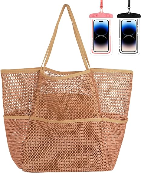 Photo 1 of ZMYGOLON Mesh Beach Tote Bag with 2 Waterproof Phone Pouch, Women Shoulder Handbag Foldable Pool Bag for Travel Essentials
