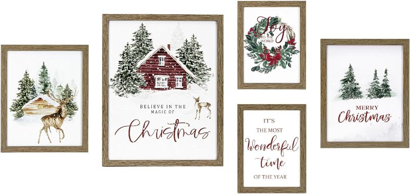 Photo 1 of ArtbyHannah Christmas Wall Art, Framed Wall Art with Christmas Winter Forest Decorative Prints, 5 Pack Christmas Gallery Wall Art Set for Living Room, Bedroom as Christmas Decorations or Gifts
