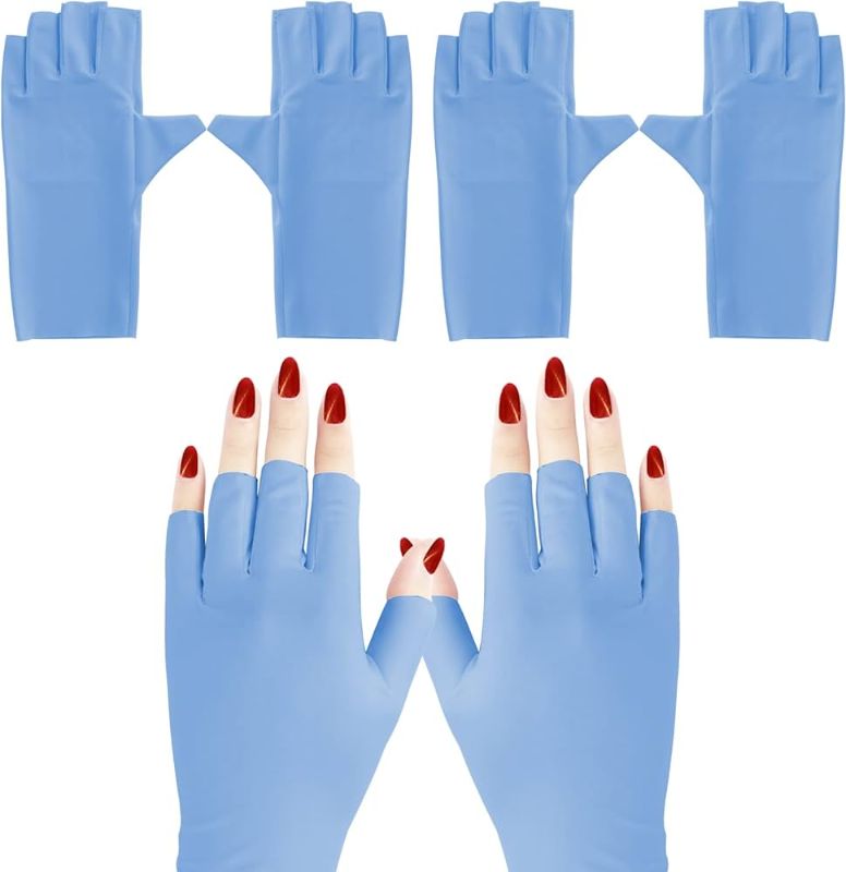 Photo 1 of Unaone 2 Pairs Anti UV Gloves UV Shield Gloves for Gel Manicure, Light Protection Gloves for Gel Nail Lamp, Nail Art Fingerless UV Light Glove to Protect Hands from UV Light Lamp Dryer, Blue