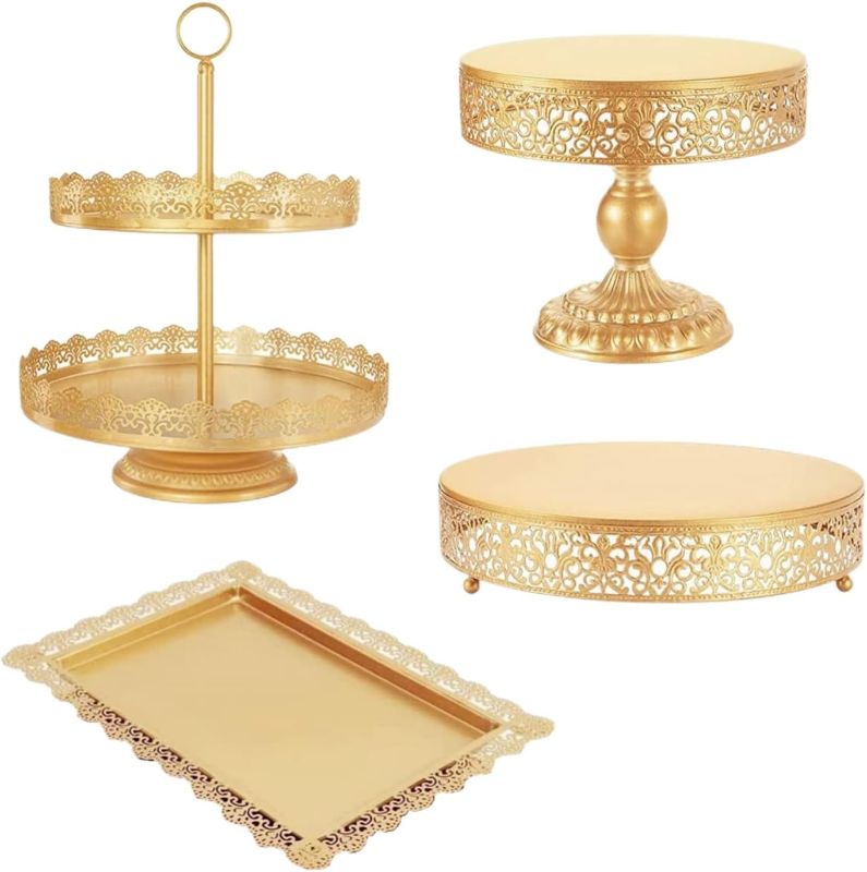 Photo 1 of 4 Pcs Gold Cake Stands Set, Cake Pedestal Display Table Tiered Cupcake Holder Candy Fruit Dessert Plate Decorating for Wedding Birthday Party Baby Shower Celebration (Gold Metal/ 4 Pcs Cake Stands)
