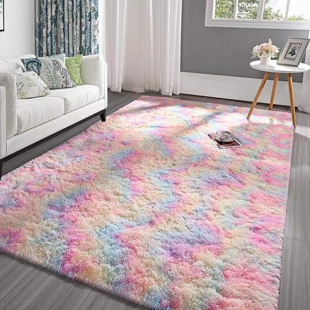 Photo 1 of Pettop Fluffy Tie-Dye Rainbow Rug for Bedroom Living Room, 3x5 Feet Rectangle Rug Plush Fuzzy Carpet for Girls Kids Boys, Non-Slip and Washable Rug for Nursery Classroom, Home Decor Rug

