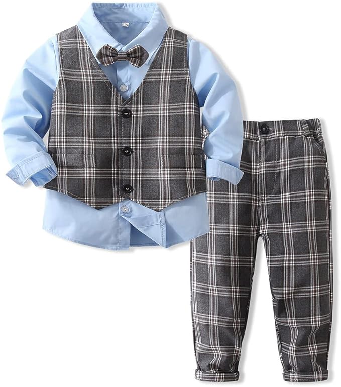 Photo 1 of Baby Boys Gentleman 3Pcs Clothing Set Bowtie Blue Suits Long Sleeve +Vest+Pants- SIZE 120
